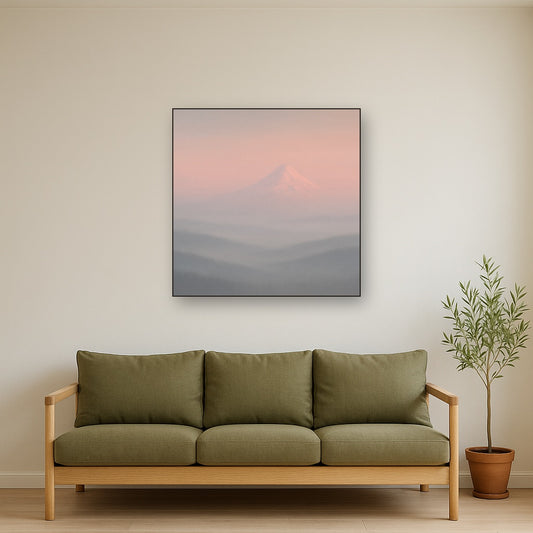 Pale Alpenglow over Distant Glacial Peak No. 17 Oil Painting Staged Above Sectional Sofa in Living Room, Hand Painted Canvas Wall Art for Home Decor