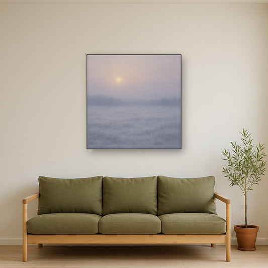 Winter Dawn Frost & Pale Silver Light No. 2 Oil Painting Staged Above Sectional Sofa in Living Room, Hand Painted Canvas Wall Art for Home Decor