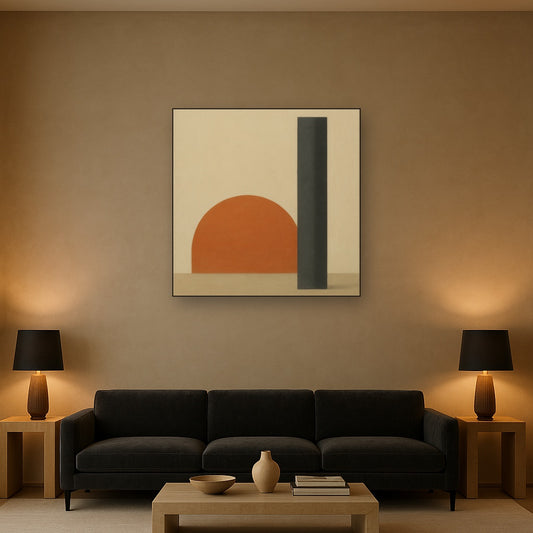 Semicircle Horizon & Minimalist Pillar No. 11 Oil Painting Staged Above Sectional Sofa in Living Room, Hand Painted Canvas Wall Art for Home Decor
