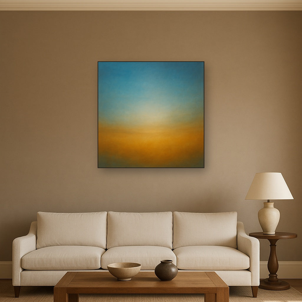 Celestial Azure & Warm Ochre Equilibrium Oil Painting Staged Above Sectional Sofa in Living Room, Hand Painted Canvas Wall Art for Home Decor