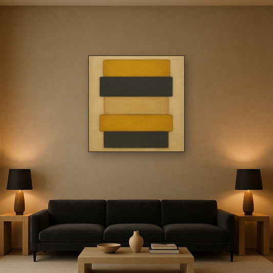 Stacked Horizon Blocks in Mustard & Charcoal No. 22 Oil Painting Staged Above Sectional Sofa in Living Room, Hand Painted Canvas Wall Art for Home Decor