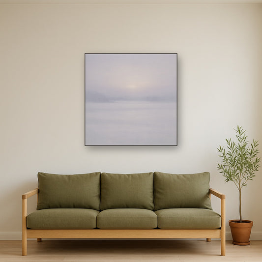 Winter Dawn Frost & Pale Silver Light No. 23 Oil Painting Staged Above Sectional Sofa in Living Room, Hand Painted Canvas Wall Art for Home Decor