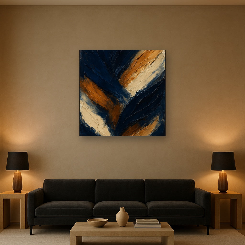 Dynamic Midnight & Raw Umber Abstract Oil Painting - View 2