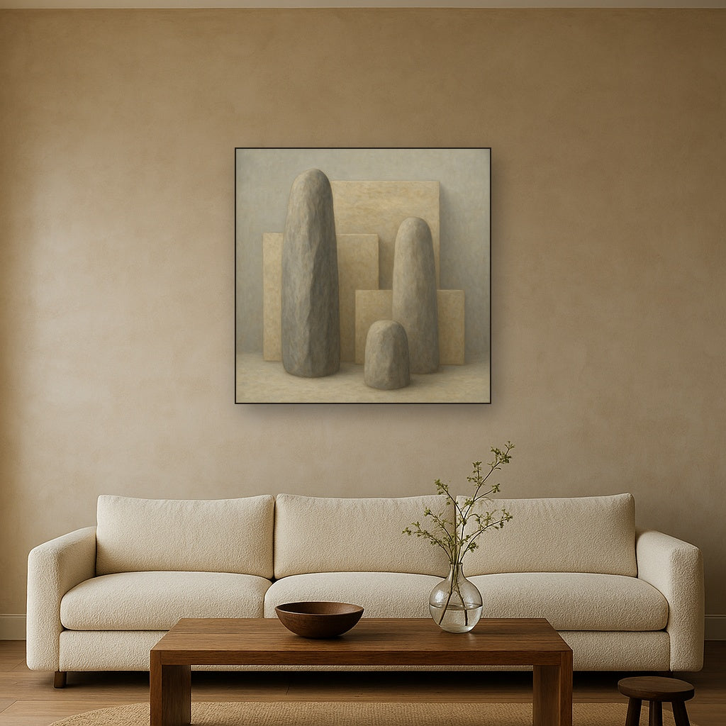 Driftwood Grey & Weathered Stone Monolith No. 19 Oil Painting Staged Above Sectional Sofa in Living Room, Hand Painted Canvas Wall Art for Home Decor