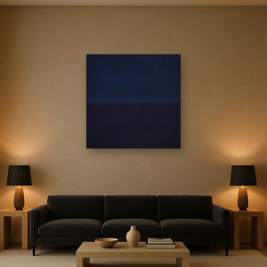 Deep Indigo & Midnight Plum Ambient Field No. 2 Oil Painting Staged Above Sectional Sofa in Living Room, Hand Painted Canvas Wall Art for Home Decor