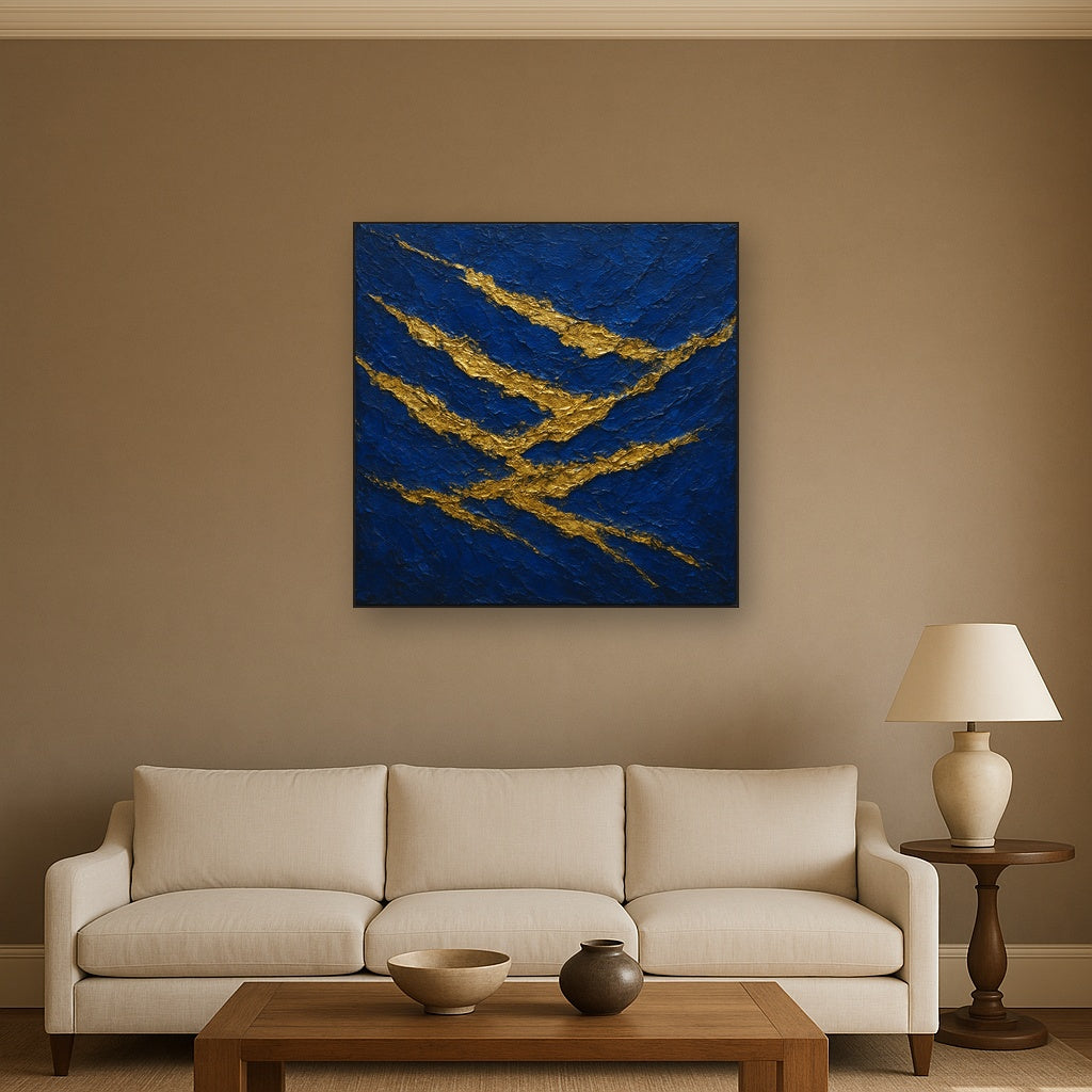 Imperial Sapphire & Gilded Strata Luxury Oil Painting - Styled in Modern Living Room