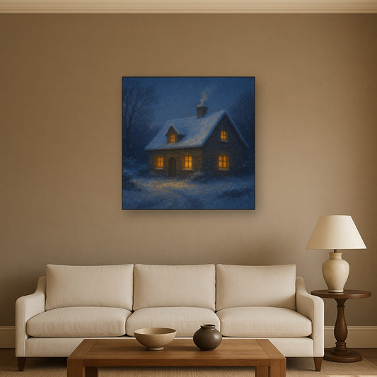 Snow-Dusted Stone Cottage at Twilight No. 9 Oil Painting Staged Above Sectional Sofa in Living Room, Hand Painted Canvas Wall Art for Home Decor