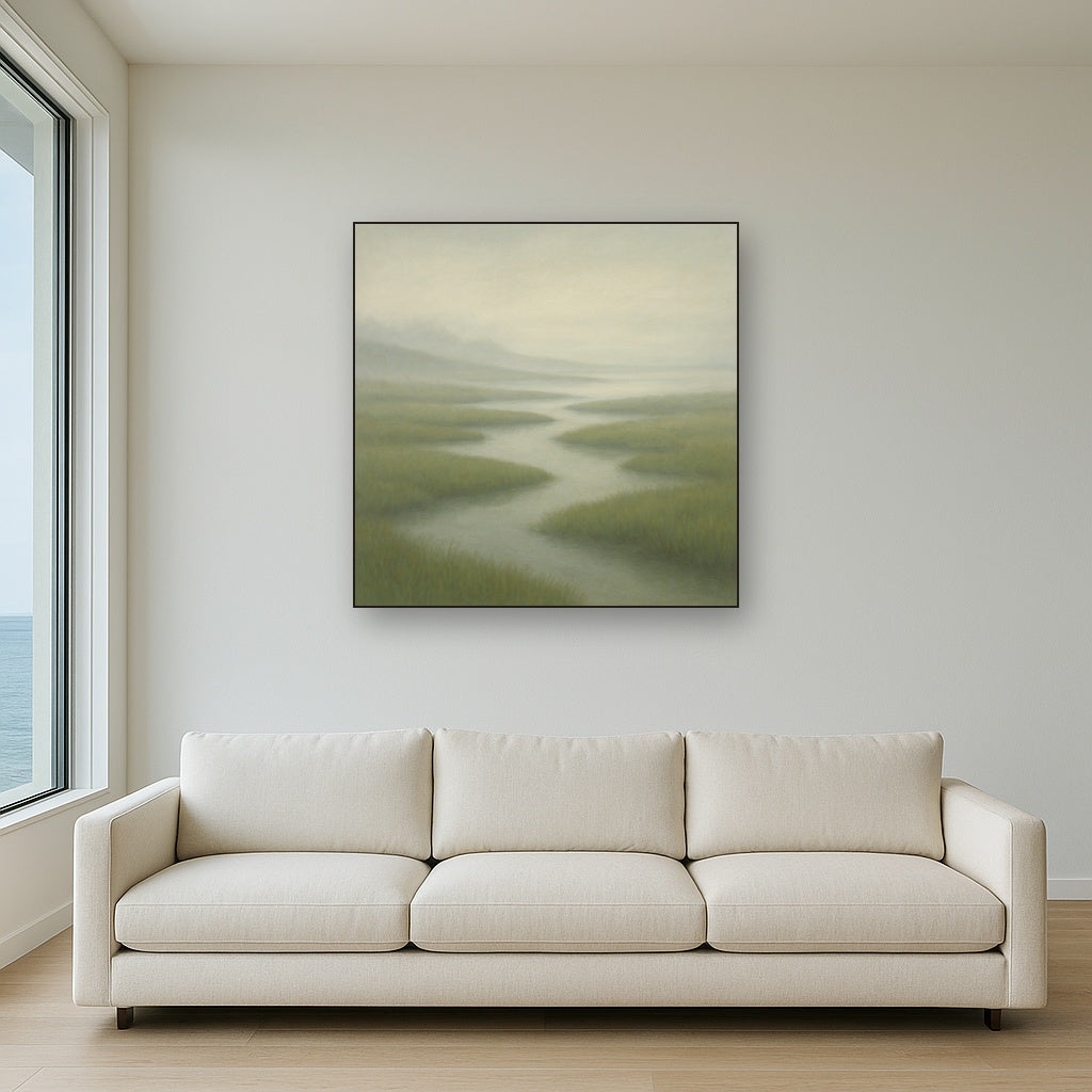 Morning Fog over Cape Cod Tidal Marsh No. 19 Oil Painting Staged Above Sectional Sofa in Living Room, Hand Painted Canvas Wall Art for Home Decor