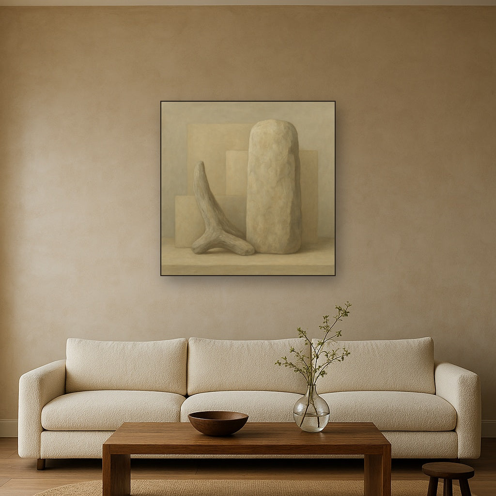 Driftwood Grey & Weathered Stone Monolith No. 9 Oil Painting Staged Above Sectional Sofa in Living Room, Hand Painted Canvas Wall Art for Home Decor