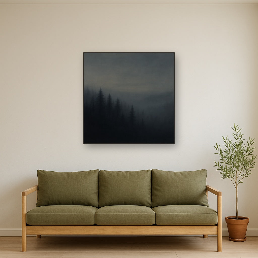 Dusk over Silent Pine Ridgeline in Charcoal Fog No. 8 Oil Painting Staged Above Sectional Sofa in Living Room, Hand Painted Canvas Wall Art for Home Decor