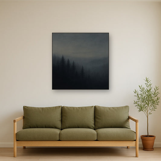 Dusk over Silent Pine Ridgeline in Charcoal Fog No. 8 Oil Painting Staged Above Sectional Sofa in Living Room, Hand Painted Canvas Wall Art for Home Decor