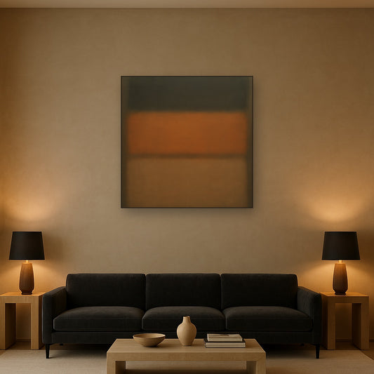 Charcoal Slate & Burnished Copper Horizon No. 28 Oil Painting Staged Above Sectional Sofa in Living Room, Hand Painted Canvas Wall Art for Home Decor