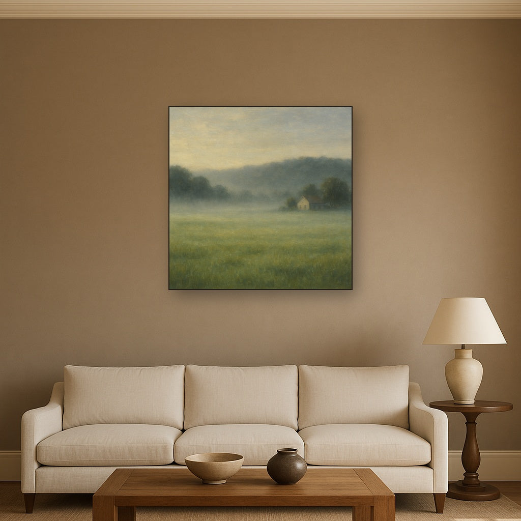 Misty Morning Pasture with Distant Wooded Ridge No. 2 Fine Art Oil Painting - View 2