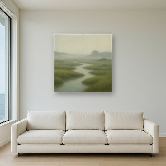 Morning Fog over Cape Cod Tidal Marsh No. 7 Oil Painting Staged Above Sectional Sofa in Living Room, Hand Painted Canvas Wall Art for Home Decor