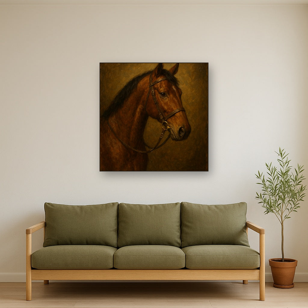 Vintage Equestrian Thoroughbred Portrait No. 4 Oil Painting - Styled in Modern Living Room