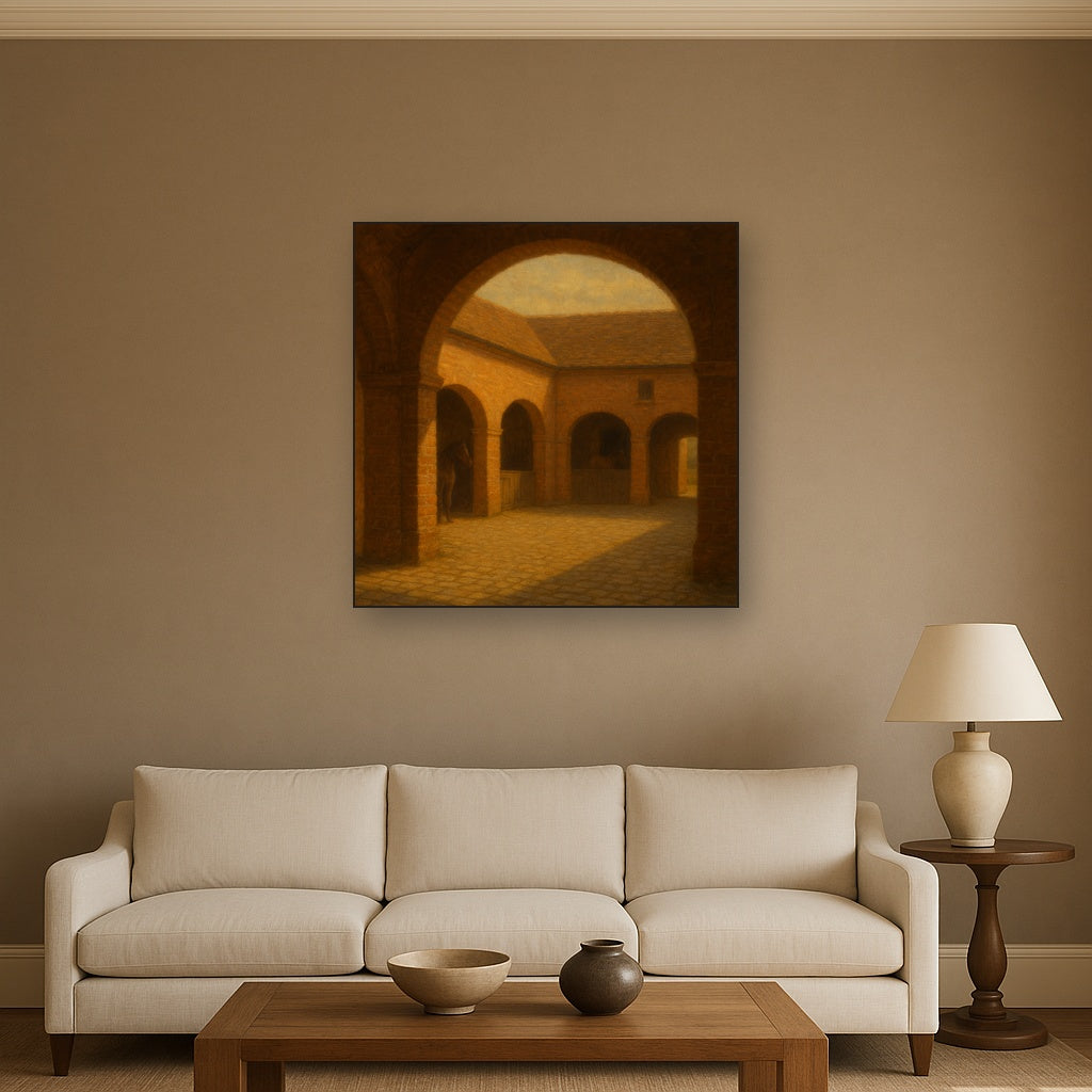 Equestrian Stable Courtyard in Late Afternoon No. 13 Oil Painting Staged Above Sectional Sofa in Living Room, Hand Painted Canvas Wall Art for Home Decor