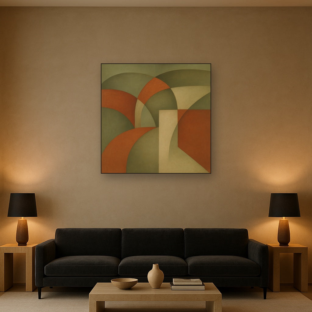 Intersecting Curved Forms in Olive & Rust No. 23 Oil Painting Staged Above Sectional Sofa in Living Room, Hand Painted Canvas Wall Art for Home Decor