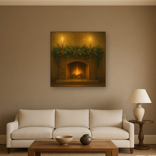 Vintage Fireside Hearth & Cedar Garlands No. 10 Oil Painting Staged Above Sectional Sofa in Living Room, Hand Painted Canvas Wall Art for Home Decor