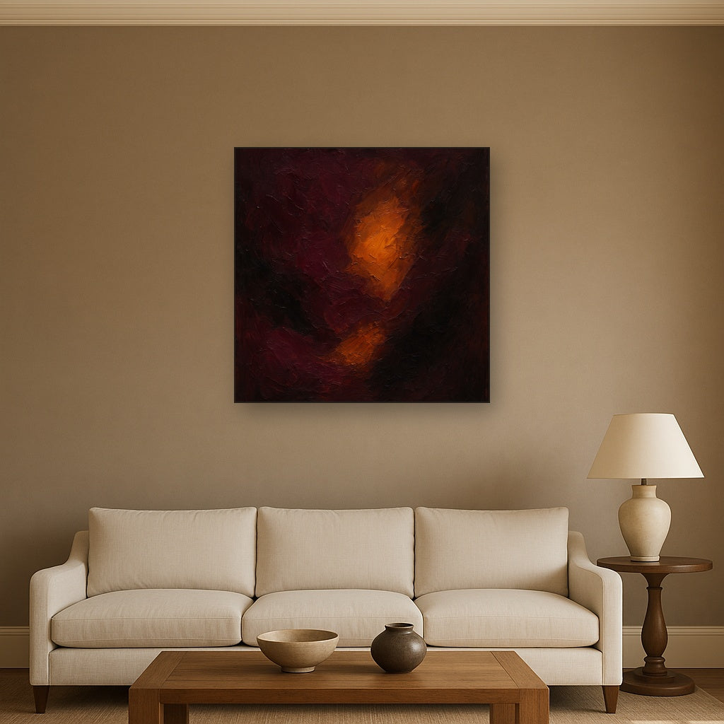 Rich Burgundy Plum & Velvet Amber Oil Painting - Styled in Modern Living Room