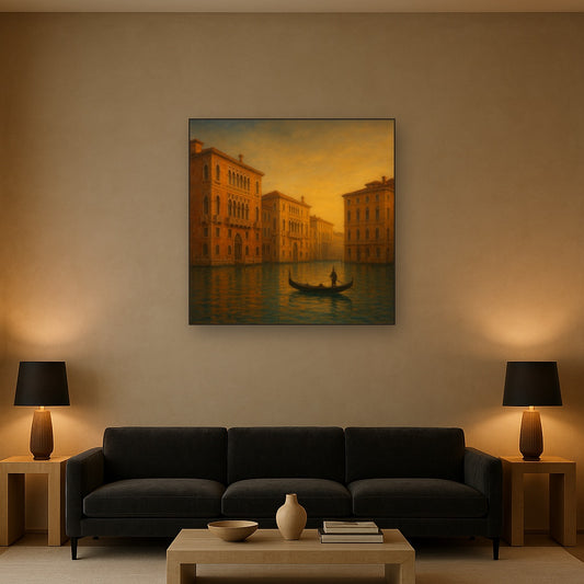 Venetian Canal Palaces at Golden Hour No. 12 Oil Painting Staged Above Sectional Sofa in Living Room, Hand Painted Canvas Wall Art for Home Decor