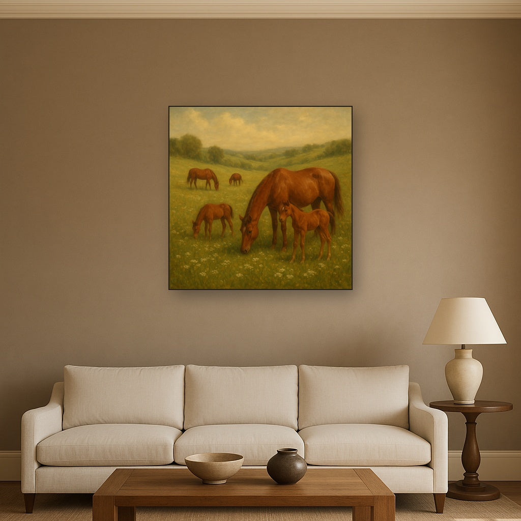 Mares & Foals Grazing in Rolling Meadow No. 10 Oil Painting - View 2