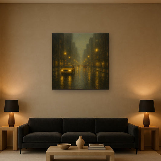 Rain-Drenched Manhattan Avenue Lights No. 16 Oil Painting Staged Above Sectional Sofa in Living Room, Hand Painted Canvas Wall Art for Home Decor