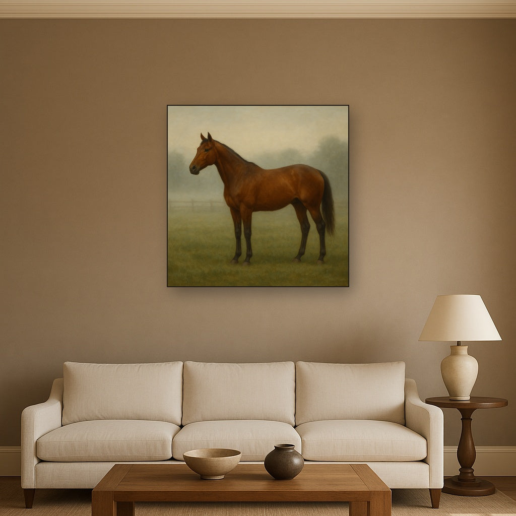 Thoroughbred in Morning Pasture Mist No. 12 Oil Painting - View 2