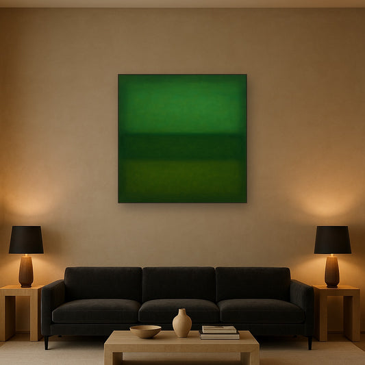 Forest Emerald & Deep Moss Contemplative Field No. 2 Oil Painting Staged Above Sectional Sofa in Living Room, Hand Painted Canvas Wall Art for Home Decor