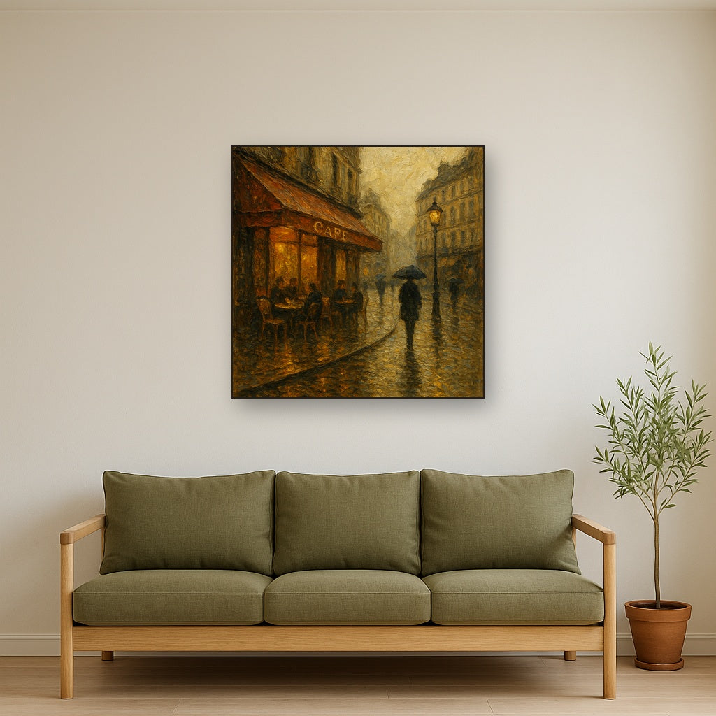 Parisian Cafe Rain Reflections Oil Painting - Styled in Modern Living Room