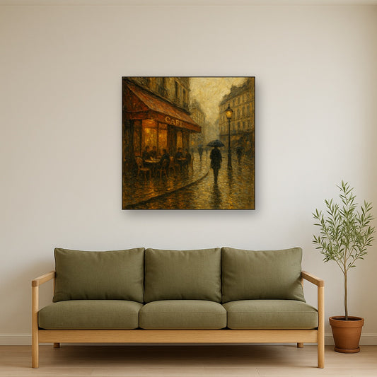 Parisian Cafe Rain Reflections Oil Painting - Styled in Modern Living Room