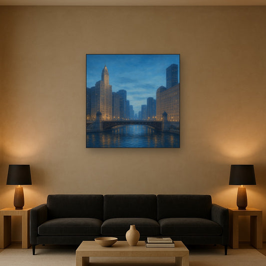 Chicago Riverfront Architecture at Blue Hour No. 26 Oil Painting Staged Above Sectional Sofa in Living Room, Hand Painted Canvas Wall Art for Home Decor