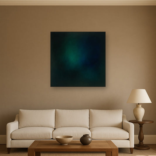 Emerald & Midnight Sapphire Sfumato Immersion No. 9 Oil Painting Staged Above Sectional Sofa in Living Room, Hand Painted Canvas Wall Art for Home Decor