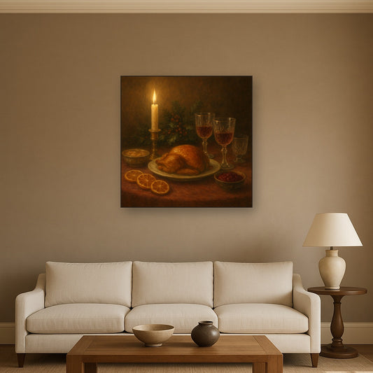 Candlelit Holiday Table & Vintage Glassware No. 5 Oil Painting Staged Above Sectional Sofa in Living Room, Hand Painted Canvas Wall Art for Home Decor