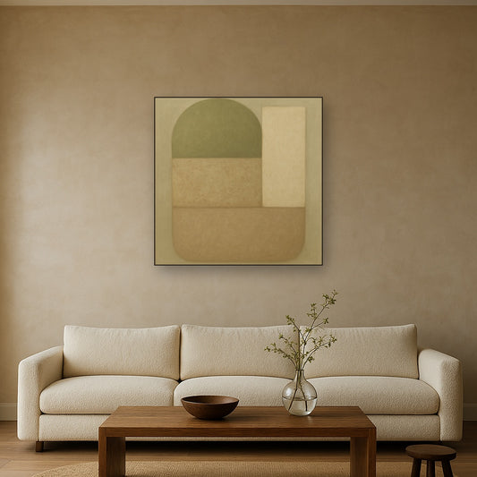 Muted Olive & Sandstone Geometric Balance No. 8 Oil Painting Staged Above Sectional Sofa in Living Room, Hand Painted Canvas Wall Art for Home Decor