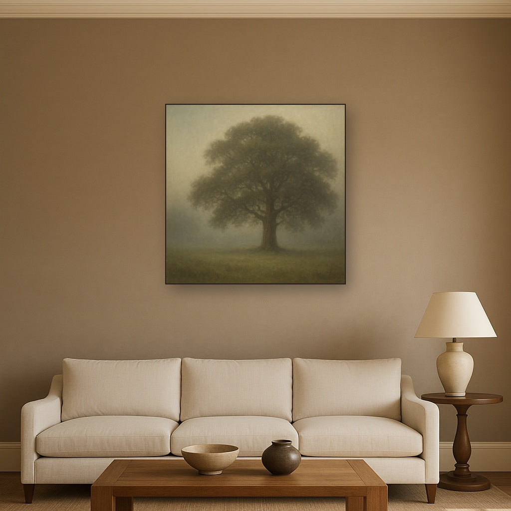 Ancient Solitary Oak in Morning Fog No. 10 Oil Painting - View 2
