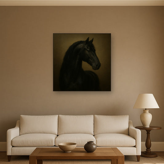 Dark Stallion Portrait in Classical Sfumato No. 18 Oil Painting Staged Above Sectional Sofa in Living Room, Hand Painted Canvas Wall Art for Home Decor