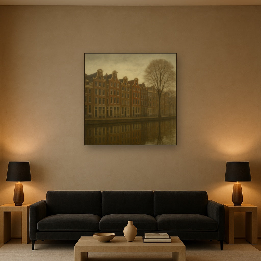 Amsterdam Canal Houses Under Overcast Sky No. 11 Oil Painting Staged Above Sectional Sofa in Living Room, Hand Painted Canvas Wall Art for Home Decor