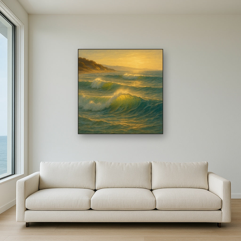 Golden Hour Sunlight on Ocean Swells No. 11 Oil Painting - View 2