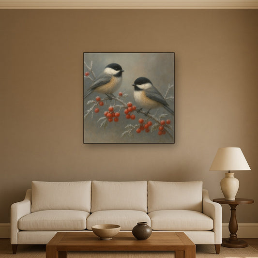 Winter Birds on Frosty Red Berry Branch No. 8 Oil Painting Staged Above Sectional Sofa in Living Room, Hand Painted Canvas Wall Art for Home Decor