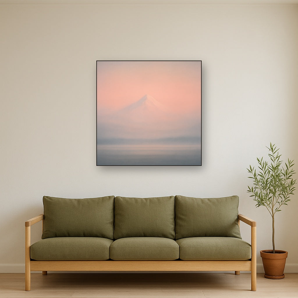 Pale Alpenglow over Distant Glacial Peak No. 13 Oil Painting Staged Above Sectional Sofa in Living Room, Hand Painted Canvas Wall Art for Home Decor