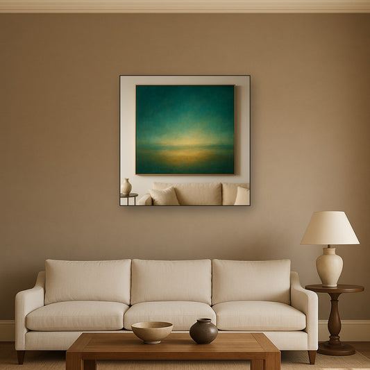 Peacock Teal & Champagne Gold Horizon No. 19 Oil Painting Staged Above Sectional Sofa in Living Room, Hand Painted Canvas Wall Art for Home Decor