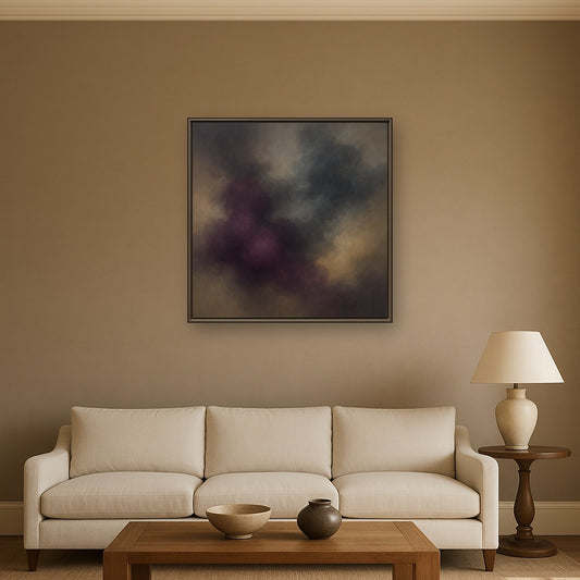 Gilded Plum & Soft Smoke Cloud Harmony No. 7 Oil Painting Staged Above Sectional Sofa in Living Room, Hand Painted Canvas Wall Art for Home Decor
