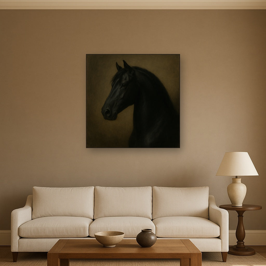 Dark Stallion Portrait in Classical Sfumato No. 17 Oil Painting Staged Above Sectional Sofa in Living Room, Hand Painted Canvas Wall Art for Home Decor
