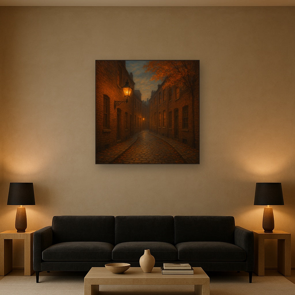 London Gaslamp Alley in Autumn Dusk No. 25 Oil Painting Staged Above Sectional Sofa in Living Room, Hand Painted Canvas Wall Art for Home Decor