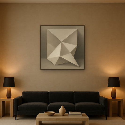 Folded Paper Geometry in Neutral Gradient Shadows No. 15 Oil Painting Staged Above Sectional Sofa in Living Room, Hand Painted Canvas Wall Art for Home Decor