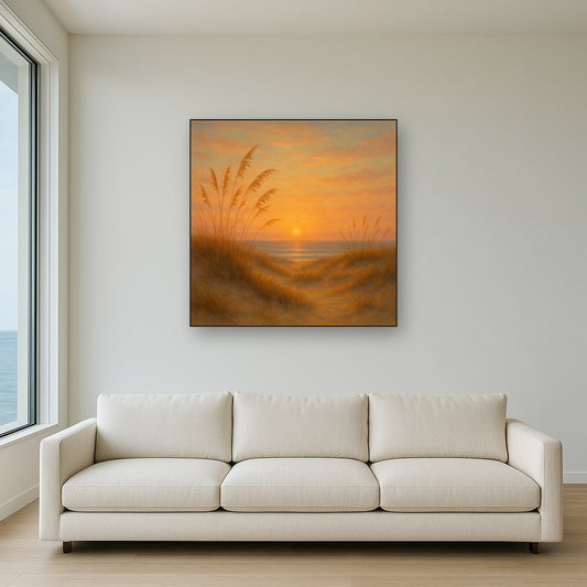 Sea Oats on Rolling Coastal Dunes at Sunset No. 16 Oil Painting Staged Above Sectional Sofa in Living Room, Hand Painted Canvas Wall Art for Home Decor