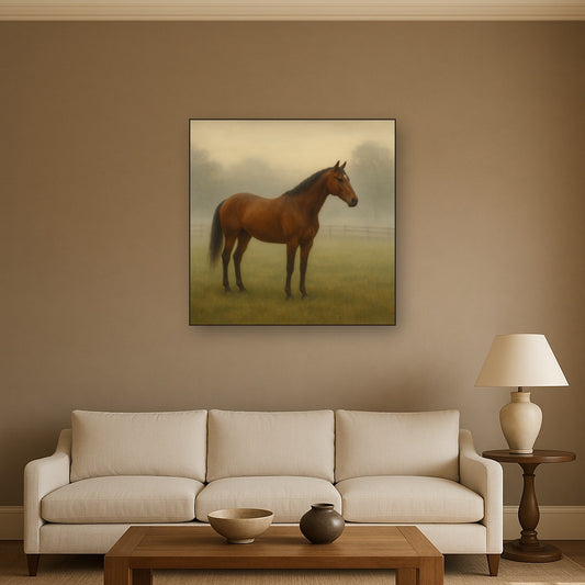 Thoroughbred in Morning Pasture Mist No. 20 Oil Painting Staged Above Sectional Sofa in Living Room, Hand Painted Canvas Wall Art for Home Decor
