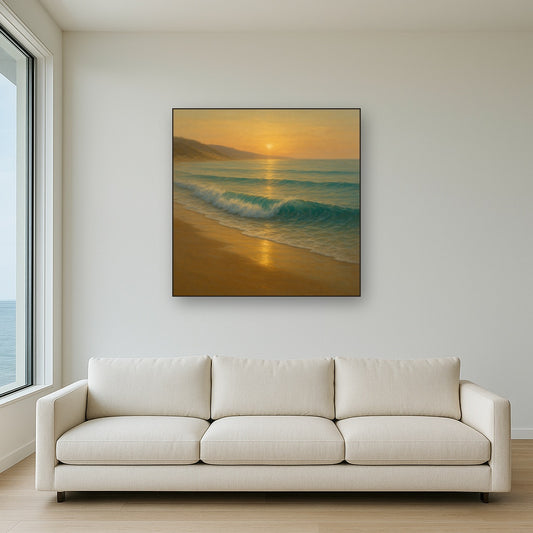 Gentle Breaking Waves & Wet Beach Reflection No. 12 Oil Painting Staged Above Sectional Sofa in Living Room, Hand Painted Canvas Wall Art for Home Decor