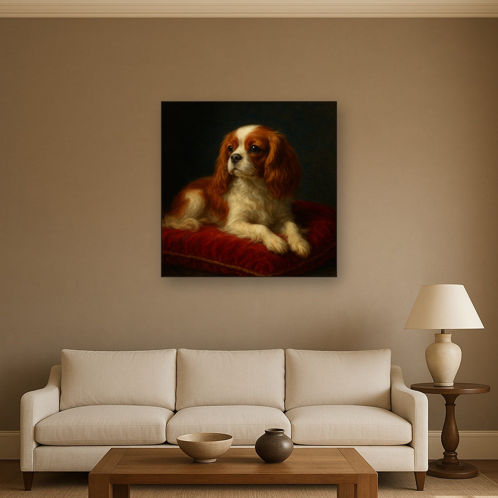 Cavalier King Charles Spaniel on Velvet Cushion No. 11 Fine Art Oil Painting - View 2