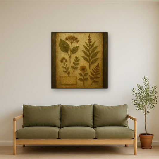 Antique Botanical Herbarium Study Oil Painting - Styled in Modern Living Room